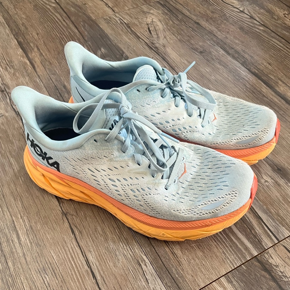 Hoka Light Blue and Orange Running Shoes